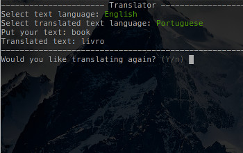 Imagem de uma aplicação de linha de comando que traduz para palavras de um idioma para outro